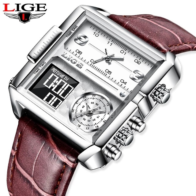 LIGE 8925 Top Brand Luxury Mens Watches Square Digital Sports Quartz Wrist Watch for Men Waterproof Stopwatch Relogio Masculino
