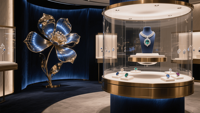 Conception d'intérieur de boutique de bijoux de luxe sur mesure, aménagement complet, présentoirs, vitrines en verre, luminaires LED, solution tout-en-un