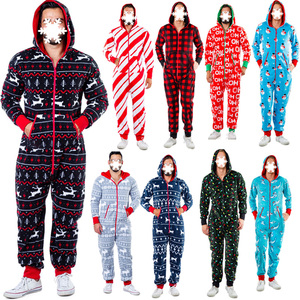Baju terusan lengan panjang pria, jumpsuit Natal poliester lembut cetak piyama bertudung Natal satu buah - Product Image 1