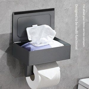 Porte-papier toilette rectangulaire mural avec distributeur de lingettes, rangement moderne et minimaliste pour salle de bain, plastique noir - Product Image 1
