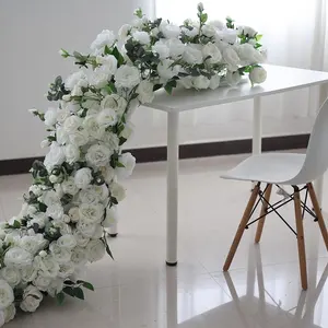 Wholesale price artificial silk flower leaf white rose flower table runner wedding