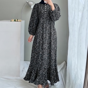 Vestido musulmán de talla grande con volantes para mujer, manga larga acampanada, cuello redondo, botón, bata holgada, estampado de puntos, vestidos largos informales para mujer - Product Image 3