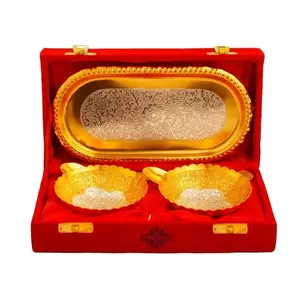 Handgemaakte Verzilverde Kom Op Groothandel Prijs Verzilverd Gold Gepolijst Set Van 2 Kom Met Lepel En Tray Kerst gift