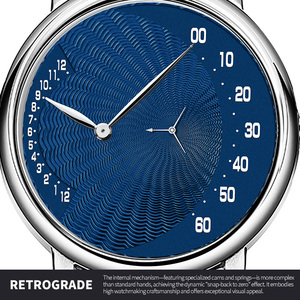 ผู้ผลิต OEM นาฬิกาจักรกลแบบกำหนดเอง รุ่น 8215 ระบบอัตโนมัติ หน้าปัดแบบ Retrograde แสดงชั่วโมงและนาที  หน้าปัด Guilloche ตัวเรือนสแตนเลส กระจกแซฟไฟร์ - Product Image 5