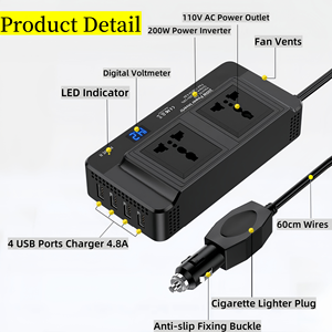 200W Auto-Wechsel richter 12V DC zu 110V AC-Wandler Zigaretten anzünder Stecker Adapter <span class=keywords><strong>2</strong></span> AC-Steckdose 4 USB-Anschlüsse Schnell ladegerät - Product Image 5
