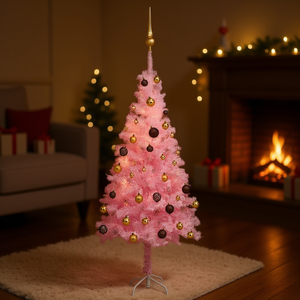 Sapin de Noël artificiel rose en PVC pré-éclairé de 47,2 pouces avec un ensemble de boules, LED blanc chaud, arbre de Noël sur pied pour intérieur - Product Image 2