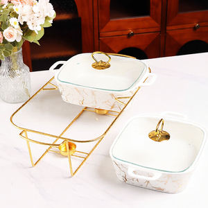 Plat de cuisson rectangulaire de luxe en marbre doré pour restaurant avec support métallique, chauffe-plat en céramique pour buffet et couvercle en verre - Product Image 4