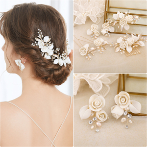 2023 céramique fleur épingle à <span class=keywords><strong>cheveux</strong></span> ensemble doux feuille d'or peignes latéraux coiffure de mariage de mariée <span class=keywords><strong>avec</strong></span> couronnes et couronnes et diadèmes accessoire - Product Image 4