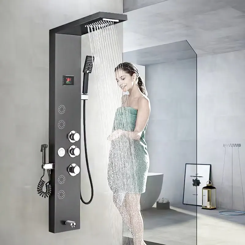 Цифровой светодиодный дисплей, 6 функций, современный 304 для ванной комнаты, нержавеющая сталь, водопад, спа-струи, умная душевая панель, настенные душевые наборы