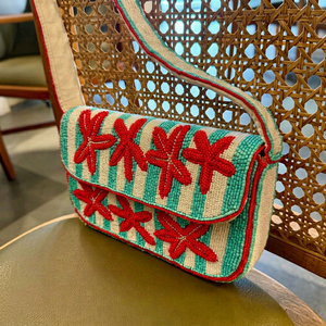 Handmade Washable Polyester Embroidery Rectangular Handbag with Red Starfish Pattern and Teal White Stripes Textile Craft - Product Image 1