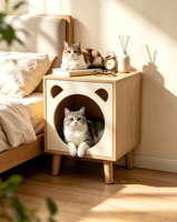Table de chevet 2-en-1 personnalisée avec maison pour chat et panneau à gratter latéral remplaçable, design Panda, pieds en bois massif, meuble gain de place