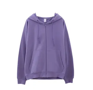 Wholesale High Quality Cotton Full Zip Up Custom Plus Size Plain Long Sleeves Streetwear Purple Women's Hoodies