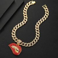 Collier chaîne cubaine en alliage de zinc avec pendentif lèvres roses en strass, style Hip Hop, finition argentée, en stock, vente en gros