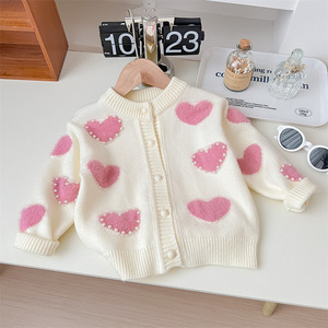 Child Star Circle Girls Heart Knit Cardigan Sweater Pink White Pearl Decor Full Sleeve Crew Neck Spring Autumn Outerwear - Product Image 3