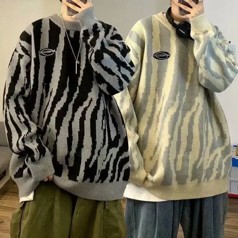 Fashion Korea Ghost Pattern Leopard Teen Pullover O neck Crew Sweaters Knitwear Jumper Oversize Men's Sweaters