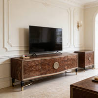 Goldmetall-Verzierung Luxus Wohnzimmer TV-Schrank mit Aufbewahrungsschubladen, Vintage Holzfurnier Gebogener TV-Ständer aus Massivholz für Zuhause