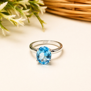 Anillo Solitario de Topacio Azul en Plata de Ley 925, Chapado en Rodio, Joyería de Piedras Preciosas Hecha a Mano - Product Image 1