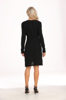 Robe fourreau élégante noire à sequins, manches longues, col en V, coupe ajustée, ourlet asymétrique, 100 % polyester