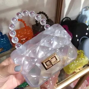 Kleine Mädchen Mini Jelly Purse Candy Farbe Transparente kleine Umhängetasche Nette Prinzessin Handtaschen mit Perlen griff