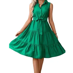 Summer 100% Polyester Custom Blank Color Sleeveless Ruffle Hem Belted Shirt Dress Midi Casual Women Dress