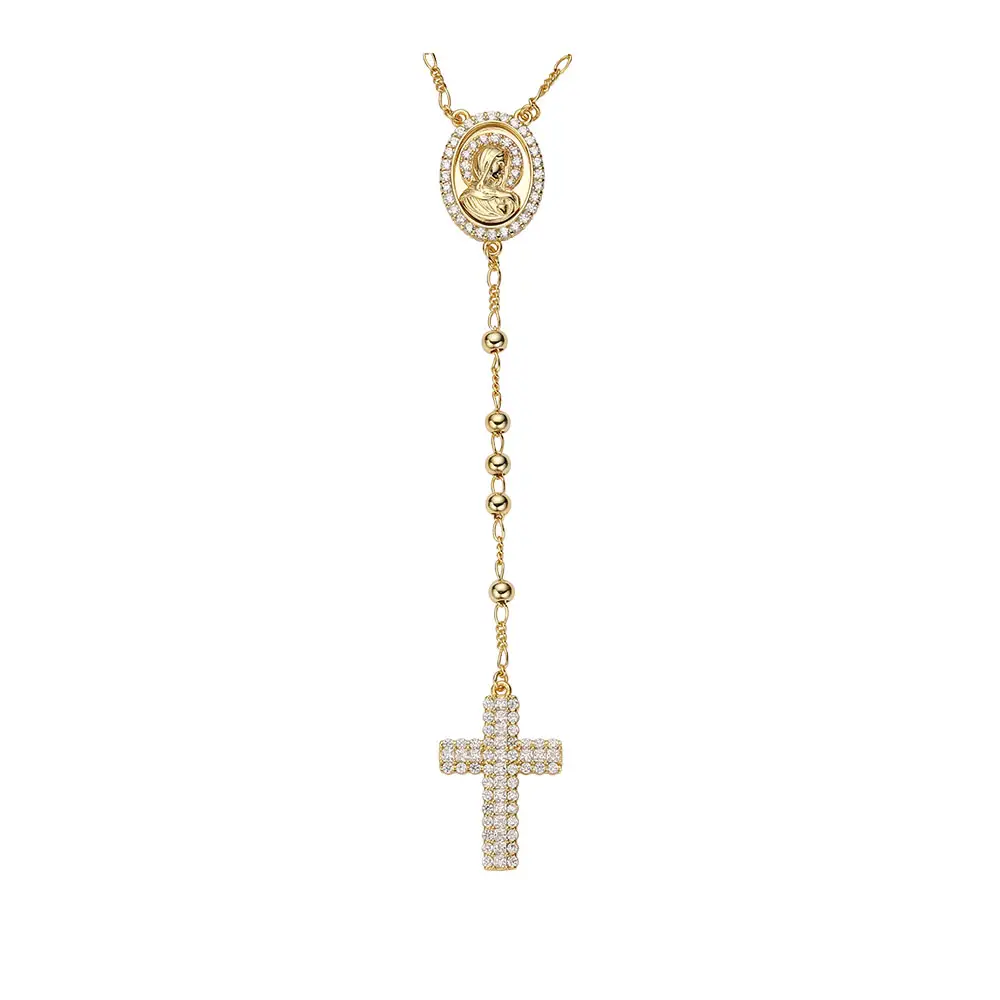 Ожерелье с длинными религиозными розами из натуральных желтых позолоченных бусин с крестом Девы Марии