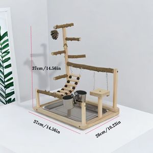 Support de perchoir pour oiseaux en bois en gros avec coupelles et plateau en acier inoxydable |   Idéal pour les cockatoos, les perroquets et les conures |   Alimentation et exercice - Product Image 2