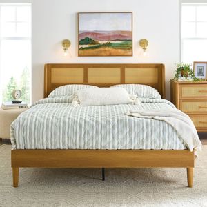 Modern Solid Wood Queen <b>Platform</b> <b>Bed</b> Light Honey Finish Minimalist Wooden <b>Bed</b> Frame for Hotel Home and Villa Bedroom Furniture - Product Image 1