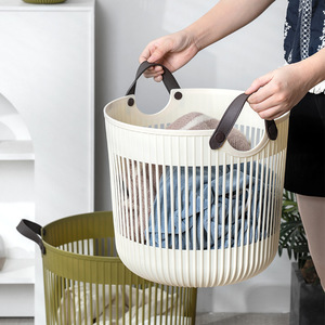 Laundry <b>Basket</b> Round <b>Plastic</b> Portable Clothing Organizer For Bathroom Household Use With Handles - Product Image 2