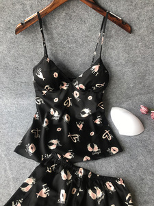 Conjunto de pijama de satén sexy de primavera para mujer con cierre de cintura elástica Almohadilla de pecho con estampado floral-para <span class=keywords><strong>dormir</strong></span> o ropa de <span class=keywords><strong>dormir</strong></span> - Product Image 3