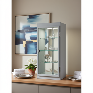 Vitrina Moderna de Mostrador 31x31x74cm con Vidrio Templado, Estantes Giratorios, Puerta con Cerradura, Iluminación Halógena, Color Gris Claro - Product Image 3