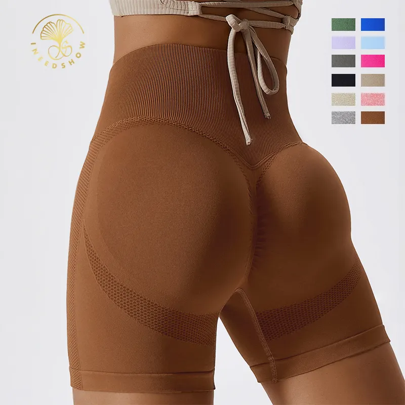 Venta al por mayor en forma de V de secado rápido entrenamiento gimnasio Yoga ropa atlética sin costuras correr de cintura alta pantalones cortos de motorista para mujeres