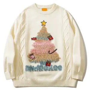 신상품 남여공용 크리스마스 스웨터 니트 점퍼 크리스마스 트리 패턴 패치 크루 넥 여성용 스웨터