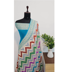 Traditional Digital Printed Polyester <b>Saree</b> With Zigzag Pattern <b>For</b> <b>Women</b> India Pakistan Wedding Wear Floor Length Regular Fit - Product Image 1