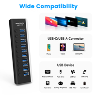 Répartiteur de concentrateur USB en aluminium RSHTECH 10Gbps 12V/3A adaptateur secteur USB C Hub 10 ports alimenté USB 3.1 3.2 Hub pour PC portable