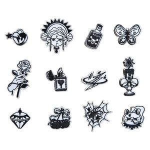 <b>Mini</b> Size Iron on /self Sticker <b>Black</b> White Embroidery Punk Style Rose Girl Skull Lighter Diamond cat Patch for Decoration - Product Image 1
