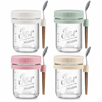 Pot en verre réutilisable de 380 ml pour overnight oats avec couvercle et cuillère, pot à yaourt, pot Mason, récipient de stockage alimentaire pour petit-déjeuner et dessert