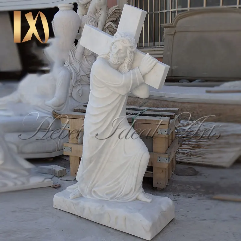 Ideale Kunst Fabrik lebensgroße Stein Jesus Christus Statue in weißem Marmor großen Jesus mit dem Kreuz religiöse Statue