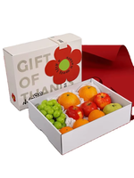 Boîte à fruits sur mesure sur le thème de la cerise avec base beige et accents floraux pour l'affichage de fruits de qualité supérieure en supermarché et les cadeaux
