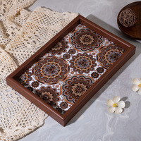 Plateau de rangement en bois à imprimé bohème, plateau décoratif rectangulaire en bois avec motif mandala et doublure en PU, plateau de présentation pour bijoux et thé sur table
