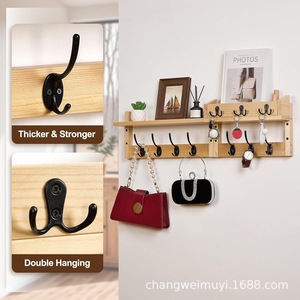 Wooden Wall Mounted <b>Shelf</b> With <b>Hooks</b> For Entryway Storage And Organization Natural Wood Color Rectangle Shape - Product Image 2