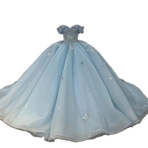 Sky Blue Off The Shoulder Ball Gown With Beading Empire Waistline Sweetheart Neckline Chiffon Wedding Dress - Product Image 5