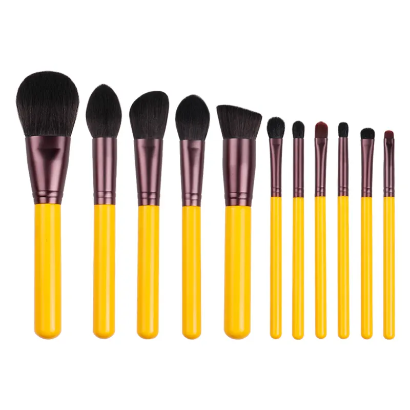 Pincéis de maquiagem personalizados, conjunto de pincéis de maquiagem com cabo de alumínio e madeira para maquiagem, 11 peças série pato amarelo vegan iniciante