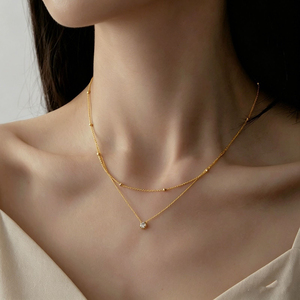 Collar de cadena de doble hilera con cuentas y colgante de cristal cuadrado, chapado en oro, resistente al agua, para uso diario, joyería delicada para mujer - Product Image 1