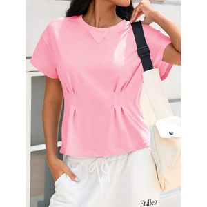 Haut plissé rose léger à manches courtes et col rond pour femme, style peplum, idéal pour l'été et la mode décontractée - Product Image 4