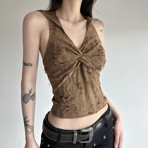 Top sin Mangas con Capucha para Mujer, Estilo Postapocalíptico, con Frente Cruzado, Texturizado, Ajustado, Retro, Estilo Urbano - Product Image 5