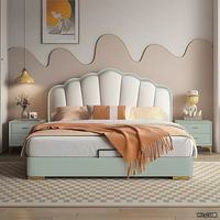 Lit mural pliable en crème style français, moderne et simple, lit double de 1,8 mètre, lit de princesse pour enfants avec cadre en bois et revêtement en cuir