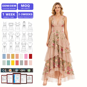 Robe longue élégante et chic à col en V profond, à volants floraux, à plusieurs niveaux, coupe ajustée, en tissu maille doux et léger, tenue de soirée OEKO TEX - Product Image 1