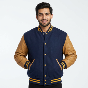 แจ็คเก็ตแบรนด์ Varsity ตัวเสื้อทำจากผ้าขนสัตว์ แขนทำจากหนัง  แบบ Letterman  ทรงเบสบอล  ดีไซน์โดดเด่นและมีสไตล์ สีน้ำเงินรอยัล-เหลือง - Product Image 1