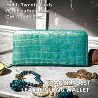 Portefeuille long vertical pour femme en cuir véritable italien émaillé effet croco avec fermeture éclair et porte-cartes