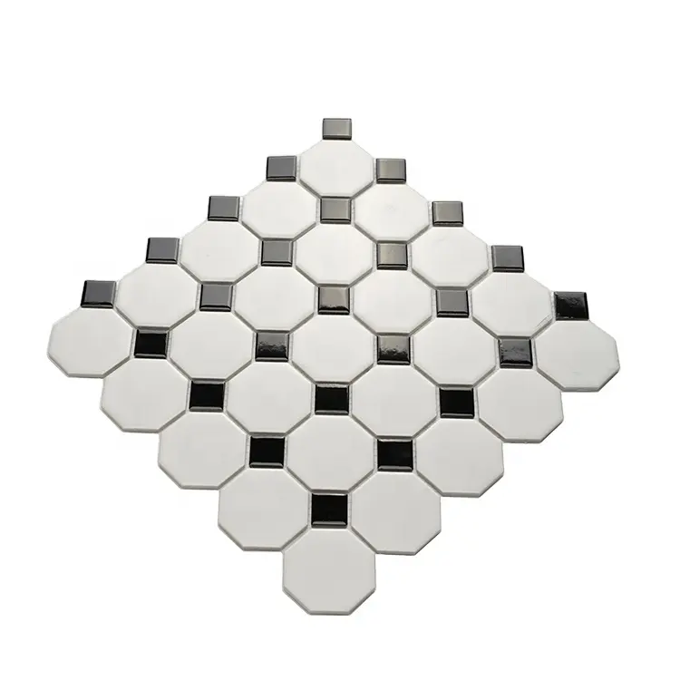 Telhas de cozinha antiderrapantes octogon, telhas de chão de cozinha, mosaico de cerâmica preto e branco